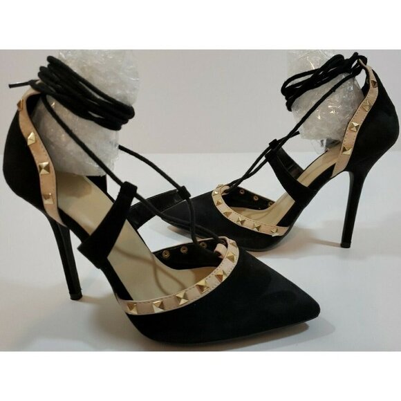 Wild Diva Lounge~Woman Size 7.5~Adora Studded T-strap Pumps Black Stiletto Heels - Picture 1 of 12